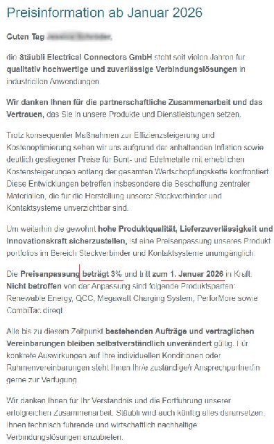 史陶比爾電氣連接器有限公司2026年漲價(jià)通知