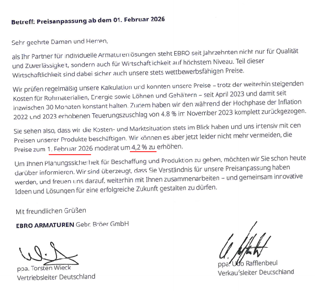 EBRO ARMATUREN 2026年價(jià)格上調(diào)通知